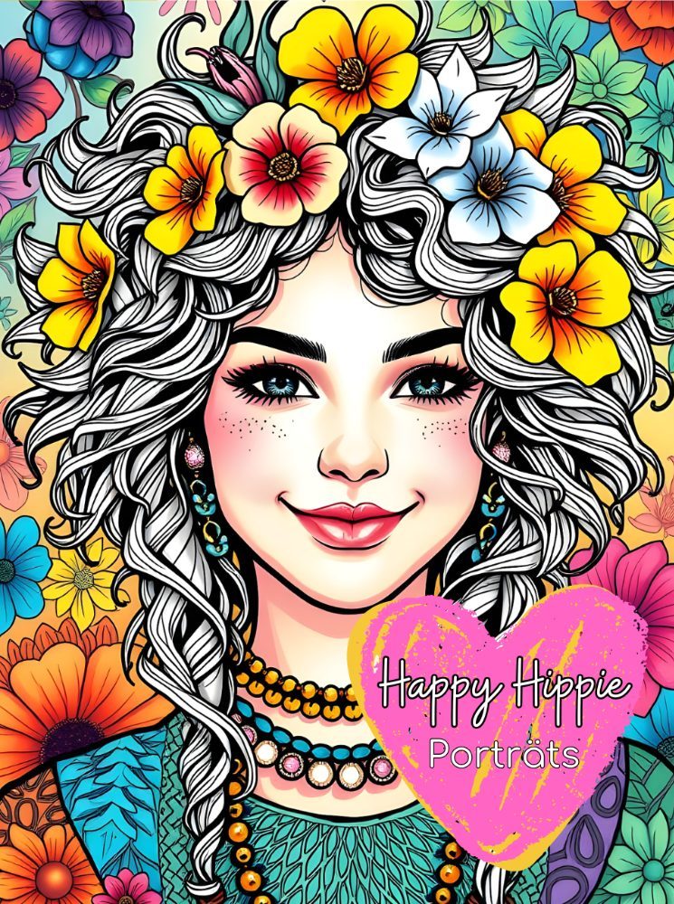 Malbuch für Erwachsene, Happy-Hippie-Portraits (C) Monika-Schmitt www.monikaschmitt.de