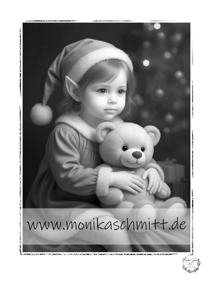 Zauberhafte Elfenweihnacht Graustufenmalbuch. kostenloses Ausmalbild (C) Monika Schmitt www.monikaschmitt.de