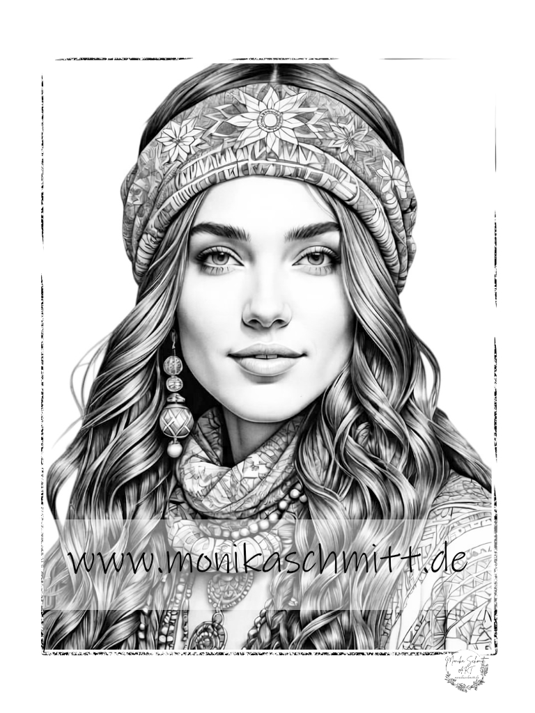 Boho winter girl, kostenloses Graustufenmalbild, Ausmalbild (C) Monika Schmitt www.monikaschmitt.de.