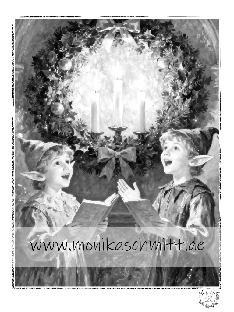 Ausmalbilder kostenlos, Graustufenbild, Elfen, 3. Advent (C) Monika Schmitt www.monikaschmitt.de
