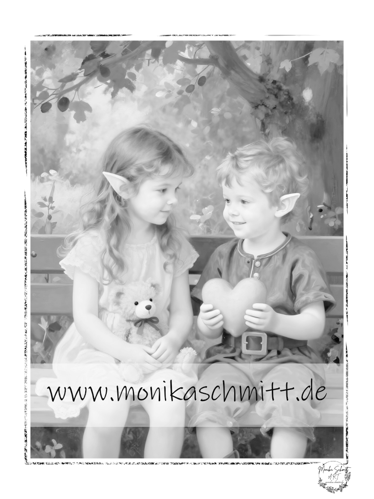 Ausmalbilder kostenlos, Valentinstag Elfen, Freebie von Monika Schmitt, www.monikaschmitt.de