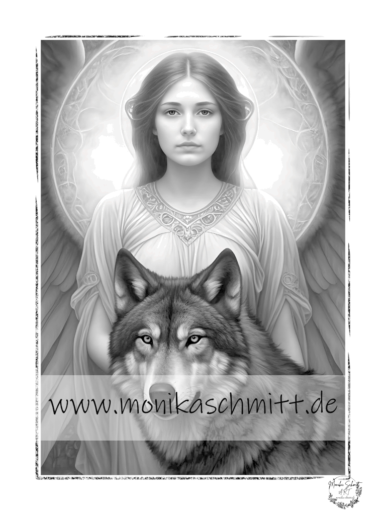 Ausmalbilder kostenlos, Engel mit Wolf, Graustufenmalbild aus dem Buch Das große Engelmalbuch von Monika Schmitt www.monikaschmitt.de